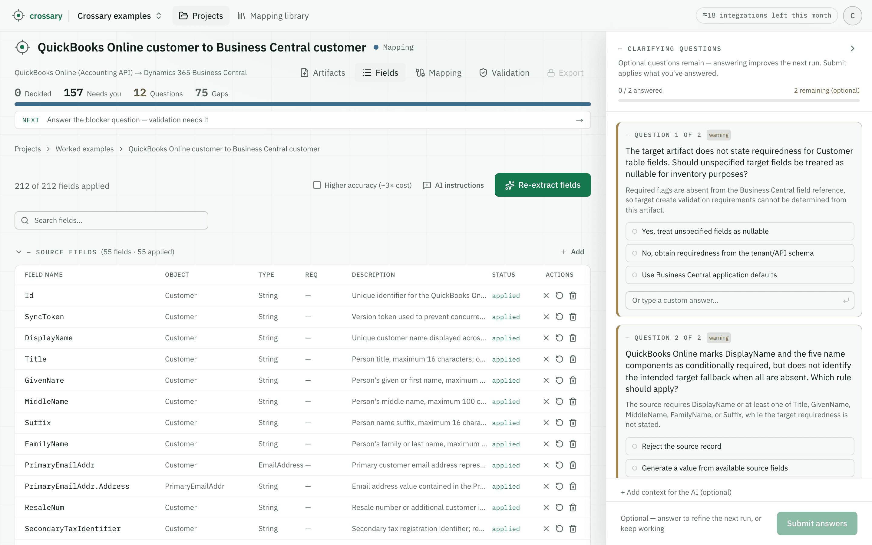 Crossary's Fields tab for this run: the extracted inventory applied, QuickBooks Online source fields and Business Central target fields listed with type and description, and the clarifying-questions panel open.