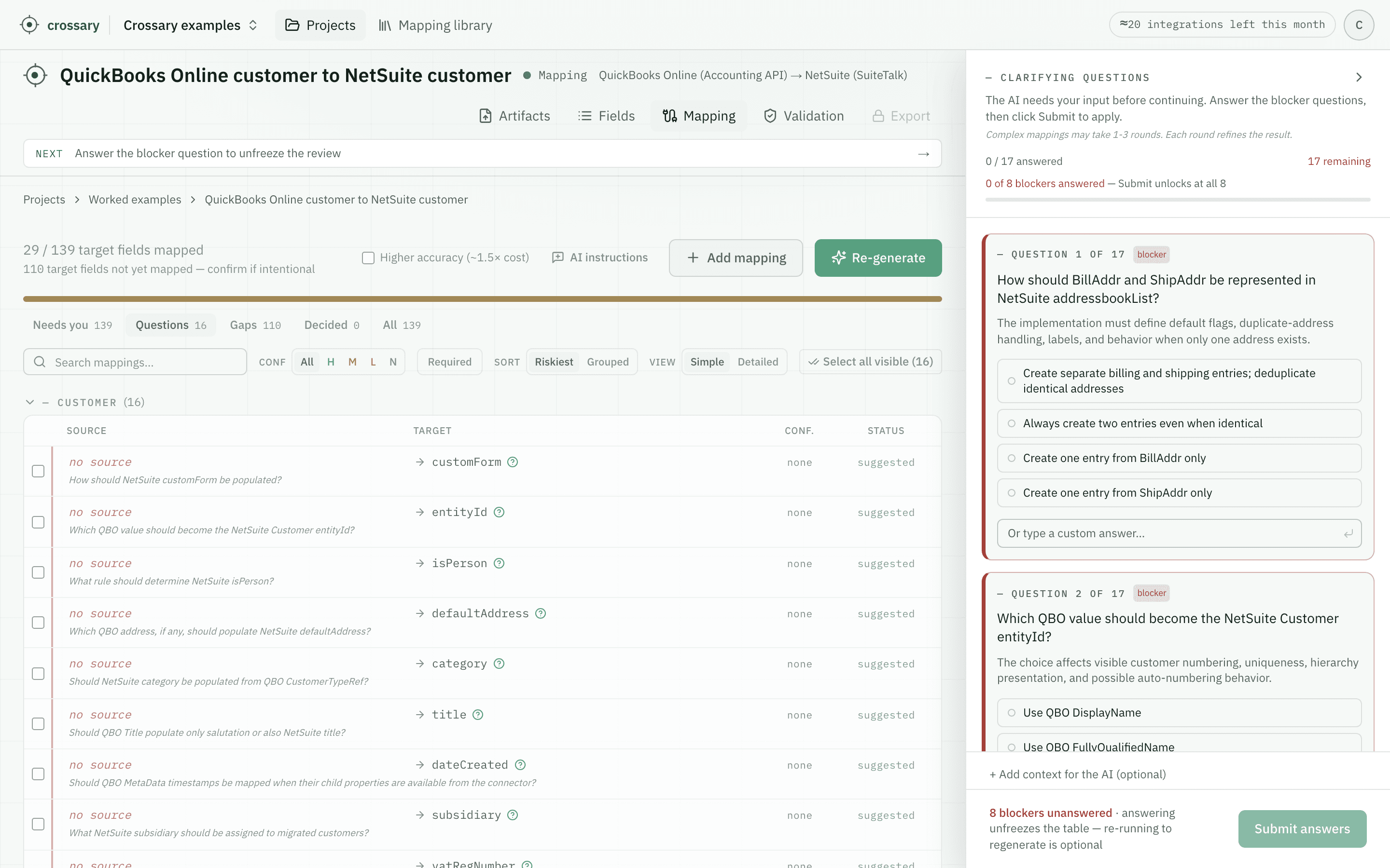 Crossary's mapping review table for this run: 29 of 139 target fields mapped, 110 not yet mapped, and rows reading 'no source' each carrying the question the AI raised instead of a guess — customForm, entityId, isPerson, defaultAddress, subsidiary. The panel on the right holds eight unanswered blocker questions.
