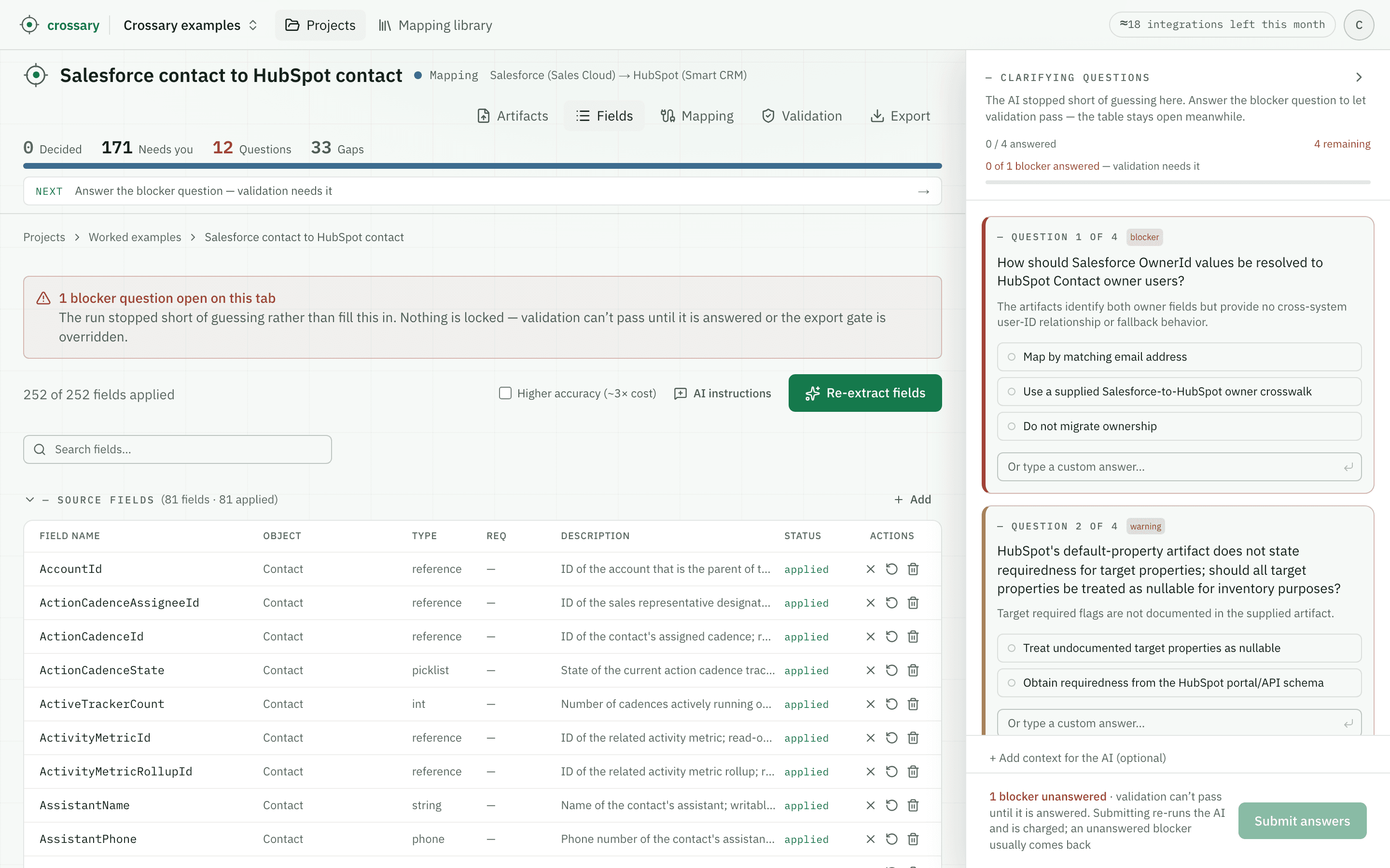 Crossary's Fields tab for this run: 252 of 252 extracted fields applied, the Salesforce Contact source fields listed with type and description, a banner naming the one blocker question open on that tab, and the clarifying-questions panel open on a blocker asking how Salesforce OwnerId values should be resolved to HubSpot contact owners.