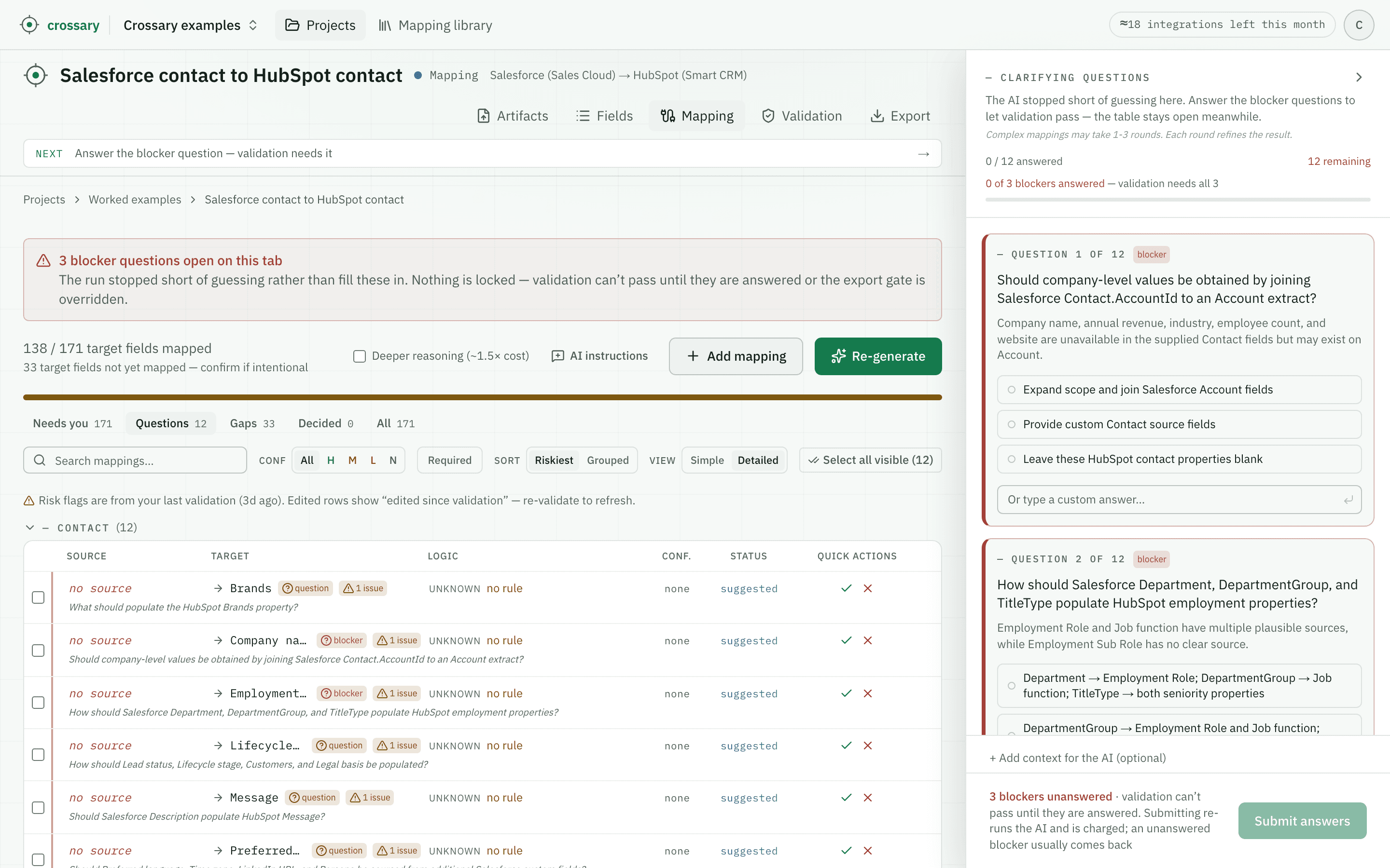 Crossary's mapping review table for this run: 138 of 171 target properties carrying a proposal or an explanation, 33 not yet mapped, rows reading 'no source' each carrying the question the AI raised instead of a guess — Brands, Company name, Employment Role, Lifecycle stage. A banner above the table names the three blocker questions open on that tab; the table below stays fully editable. The panel on the right holds the unanswered blocker questions.