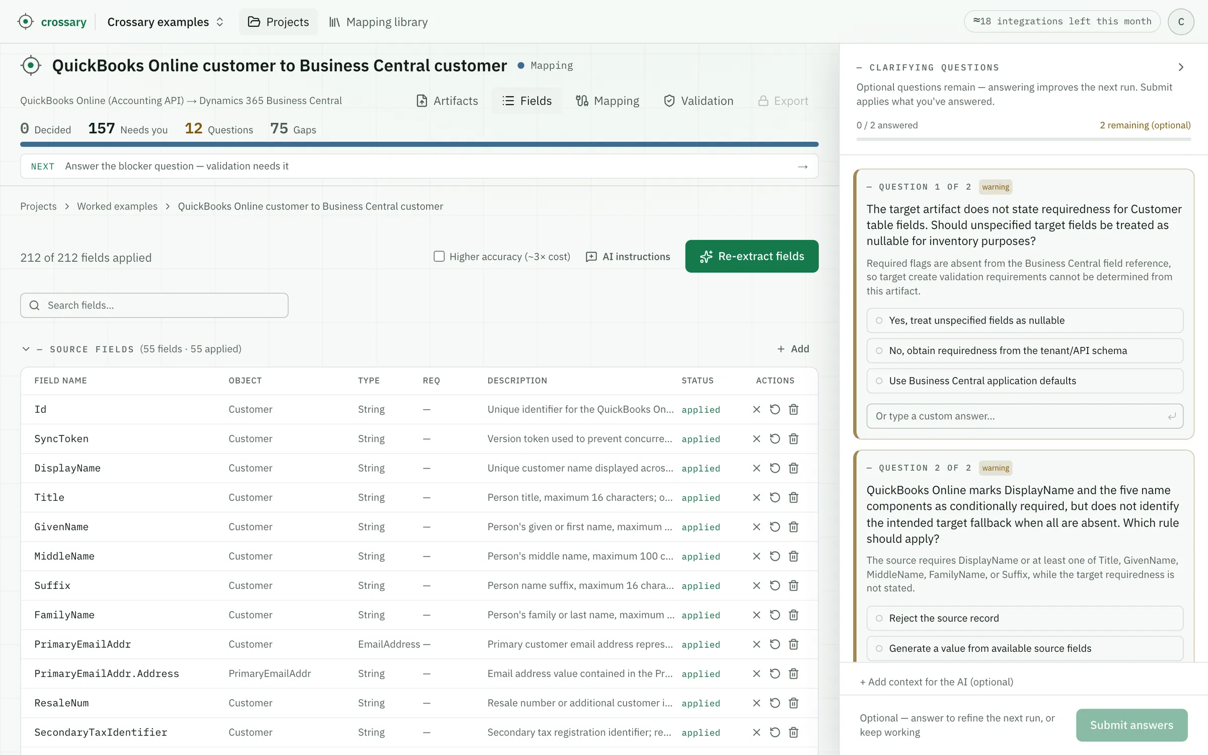 Crossary's Fields tab for this run: the extracted inventory applied, QuickBooks Online source fields and Business Central target fields listed with type and description, and the clarifying-questions panel open.