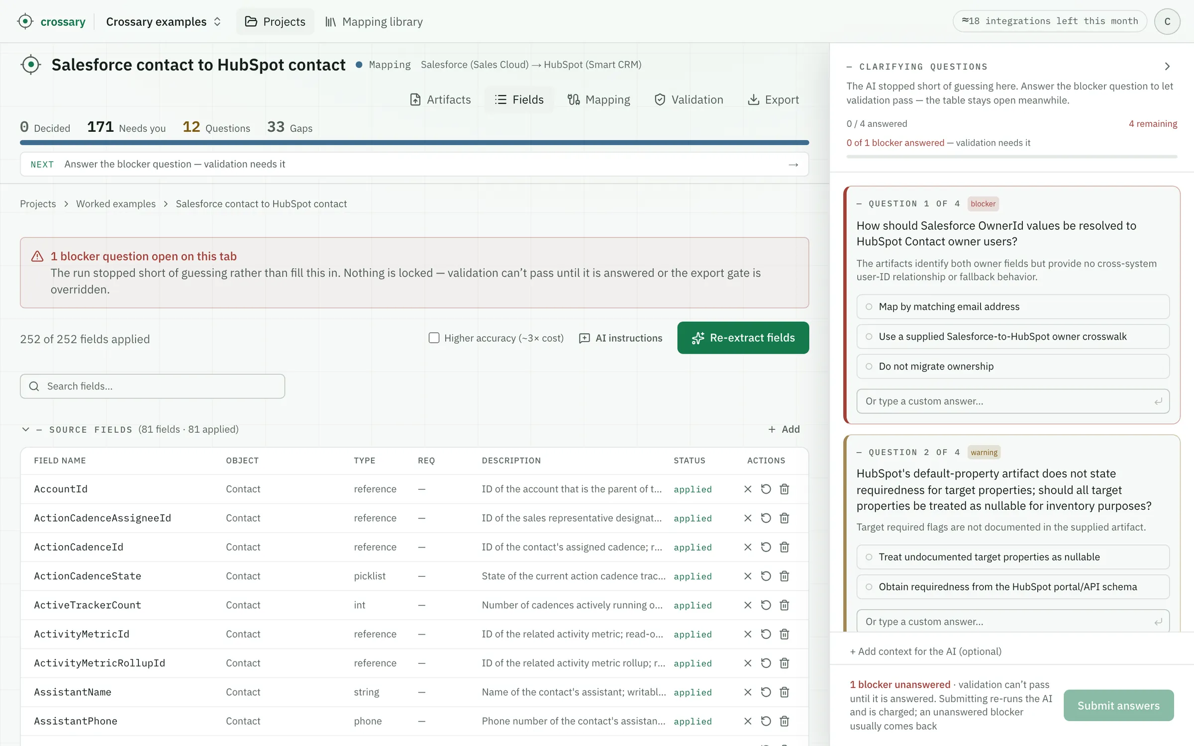 Crossary's Fields tab for this run: 252 of 252 extracted fields applied, the Salesforce Contact source fields listed with type and description, a banner naming the one blocker question open on that tab, and the clarifying-questions panel open on a blocker asking how Salesforce OwnerId values should be resolved to HubSpot contact owners.