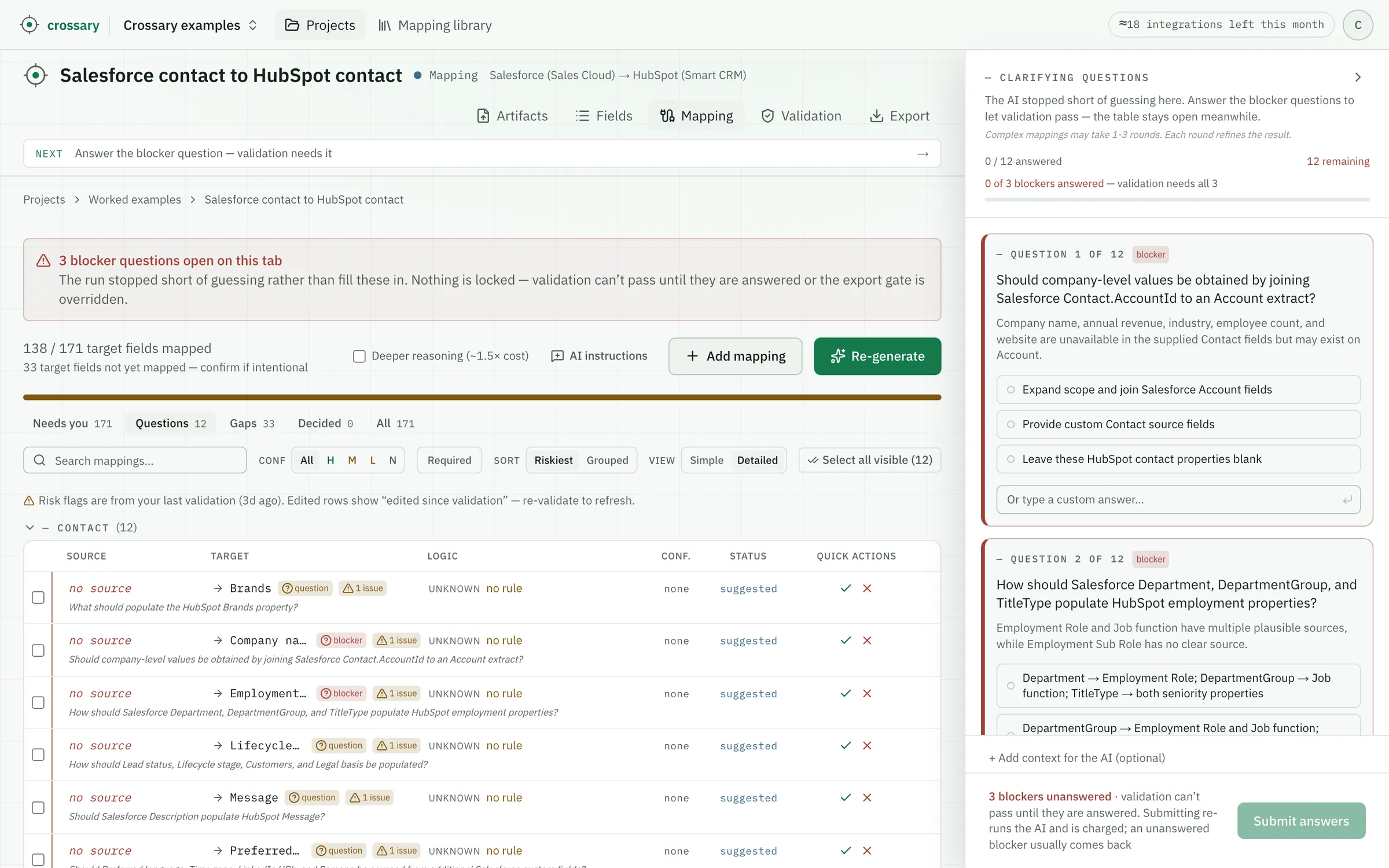 Crossary's mapping review table for this run: 138 of 171 target properties carrying a proposal or an explanation, 33 not yet mapped, rows reading 'no source' each carrying the question the AI raised instead of a guess — Brands, Company name, Employment Role, Lifecycle stage. A banner above the table names the three blocker questions open on that tab; the table below stays fully editable. The panel on the right holds the unanswered blocker questions.