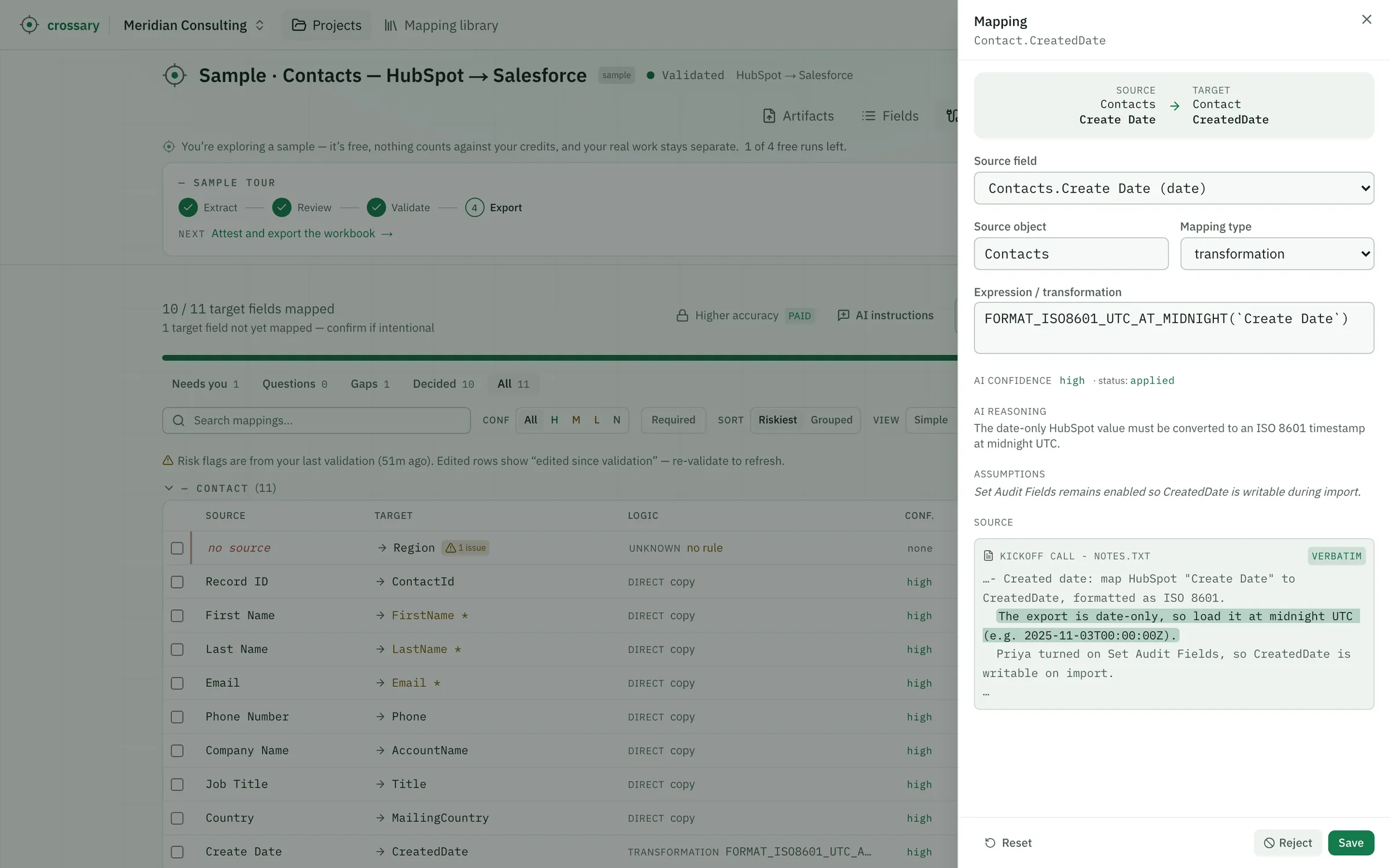 The mapping drawer for the CreatedDate field: a transformation expression, high AI confidence, the reasoning and assumption behind it, and the passage from the kickoff-call notes it is based on — highlighted and labelled verbatim.